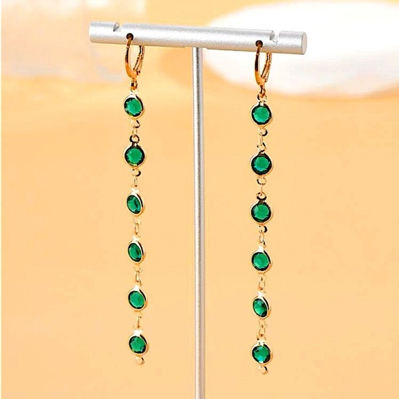 Gold Plated Emerald Zircon Dangle Earrings - Picture 3 of 3
